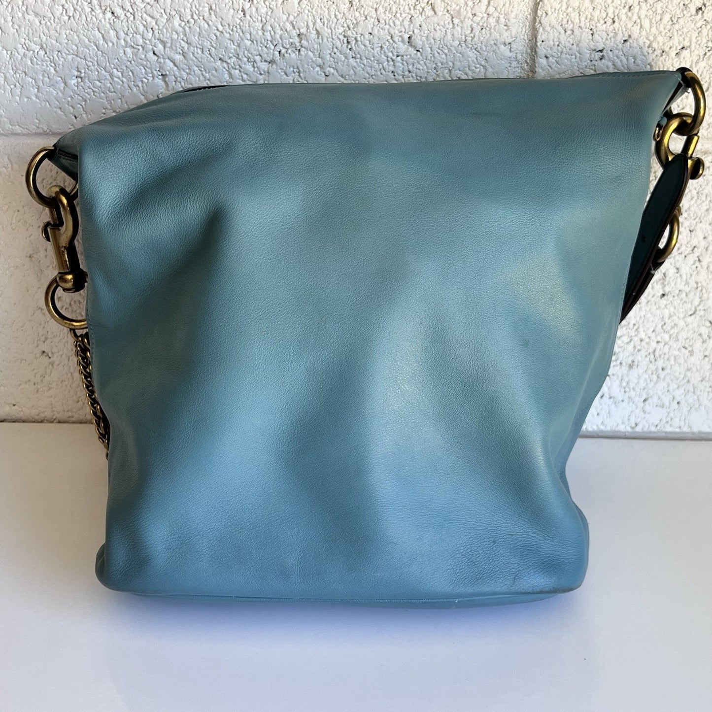 Coach 79029 Signature Chain Duffle Purse Teal Brass Glovetanned Leather Hobo Bag