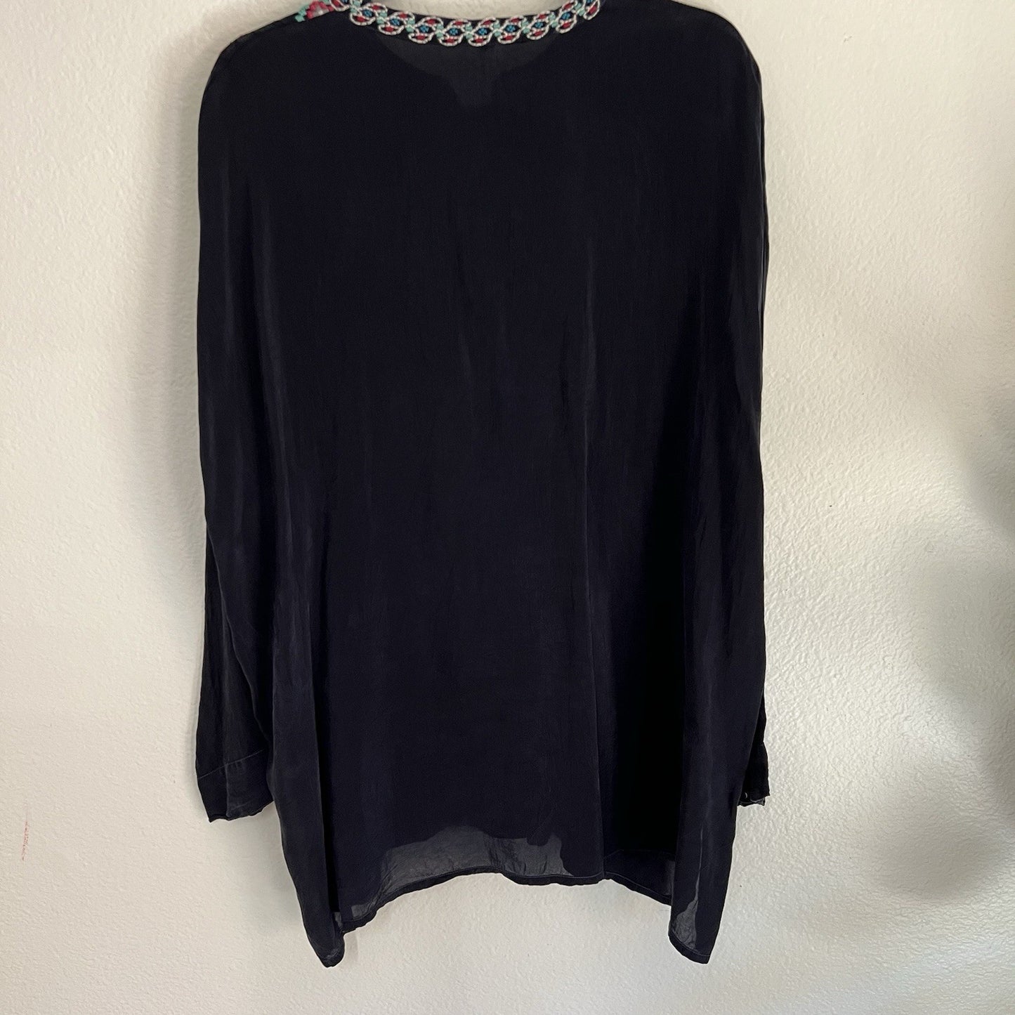 Johnny Was XL Gemstone Embroidered Black Tunic Top Boho Roll Tab Oversized