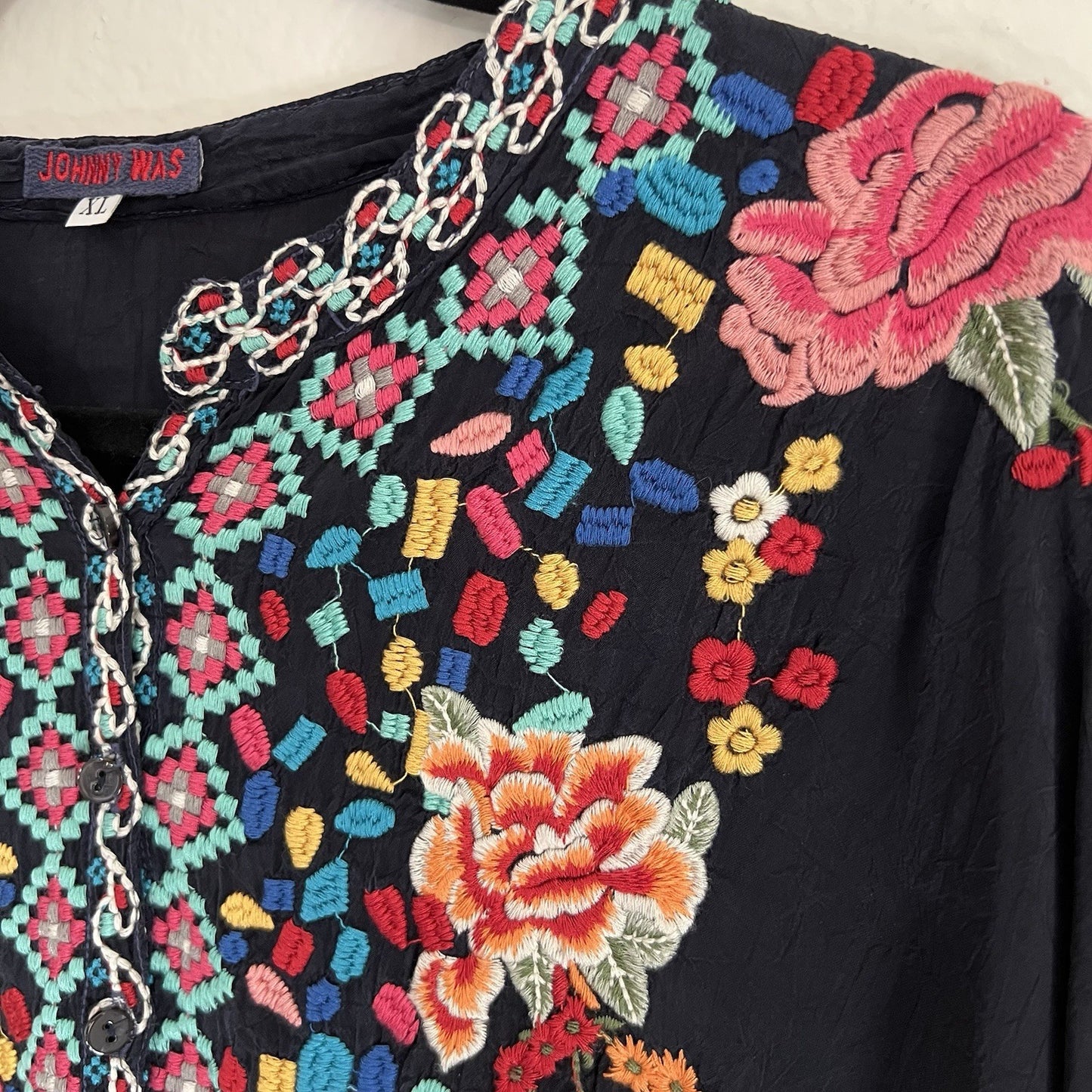 Johnny Was XL Gemstone Embroidered Black Tunic Top Boho Roll Tab Oversized