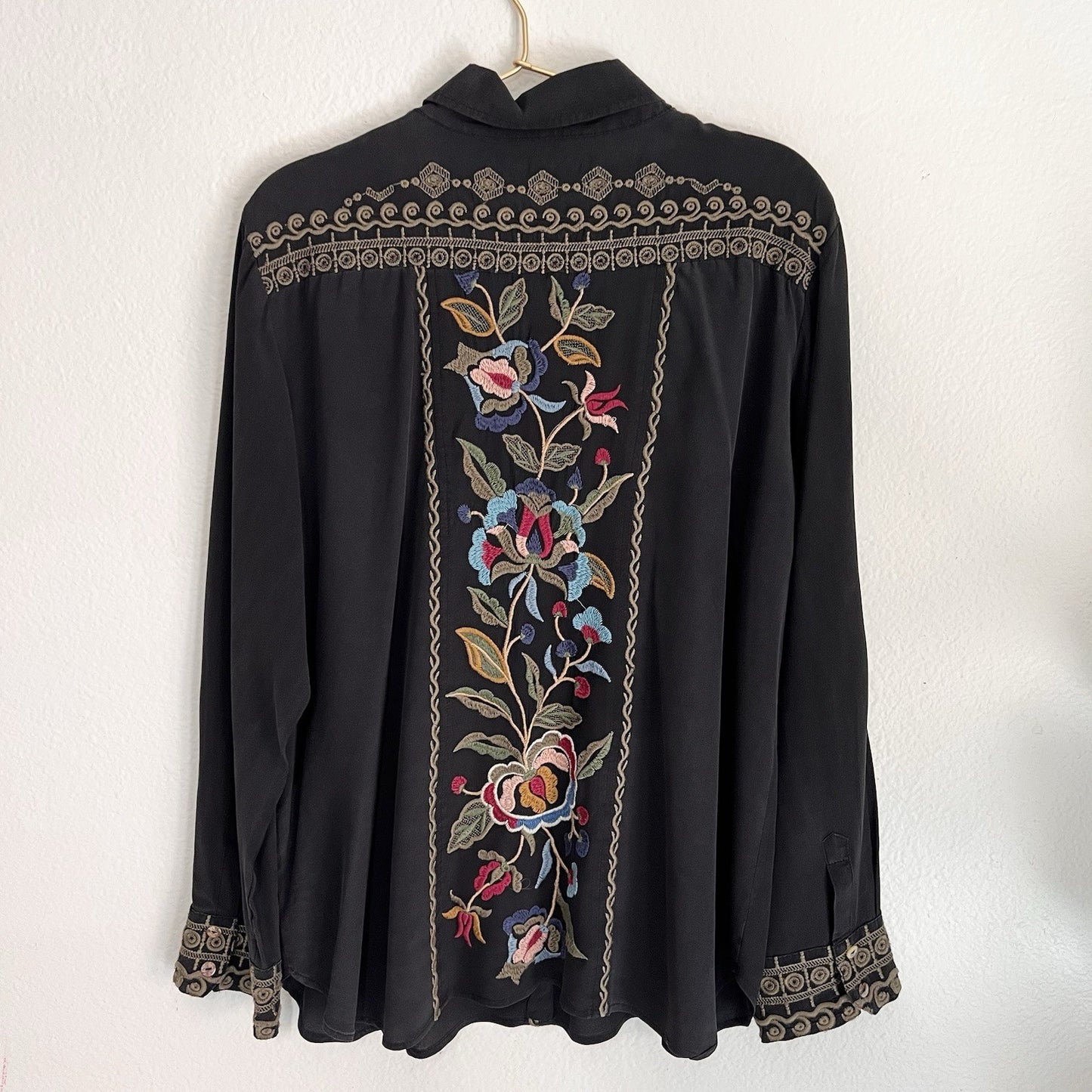 Johnny Was Workshop XL Marcella 100% Silk Button Up Black Blouse Boho Western