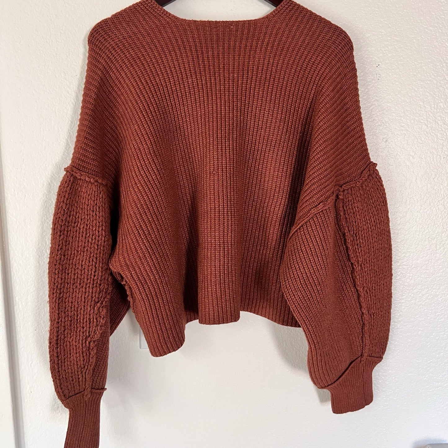 Arula Crop Rust Chunky Cable Knit Oversized Boho Raw Hem Seams Sweater Hippie