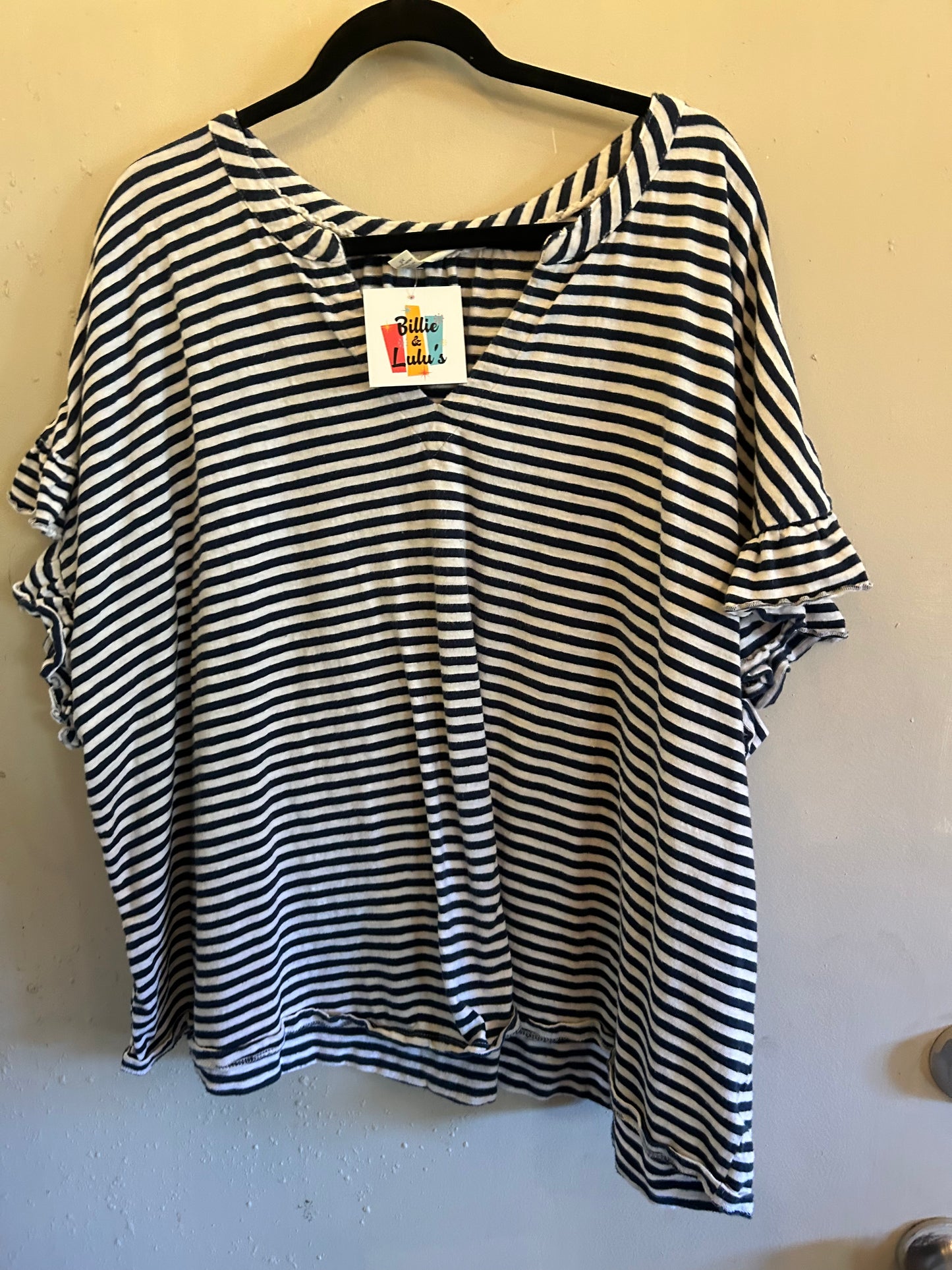 Terra & Sky Blue white stripe ruffle v neck