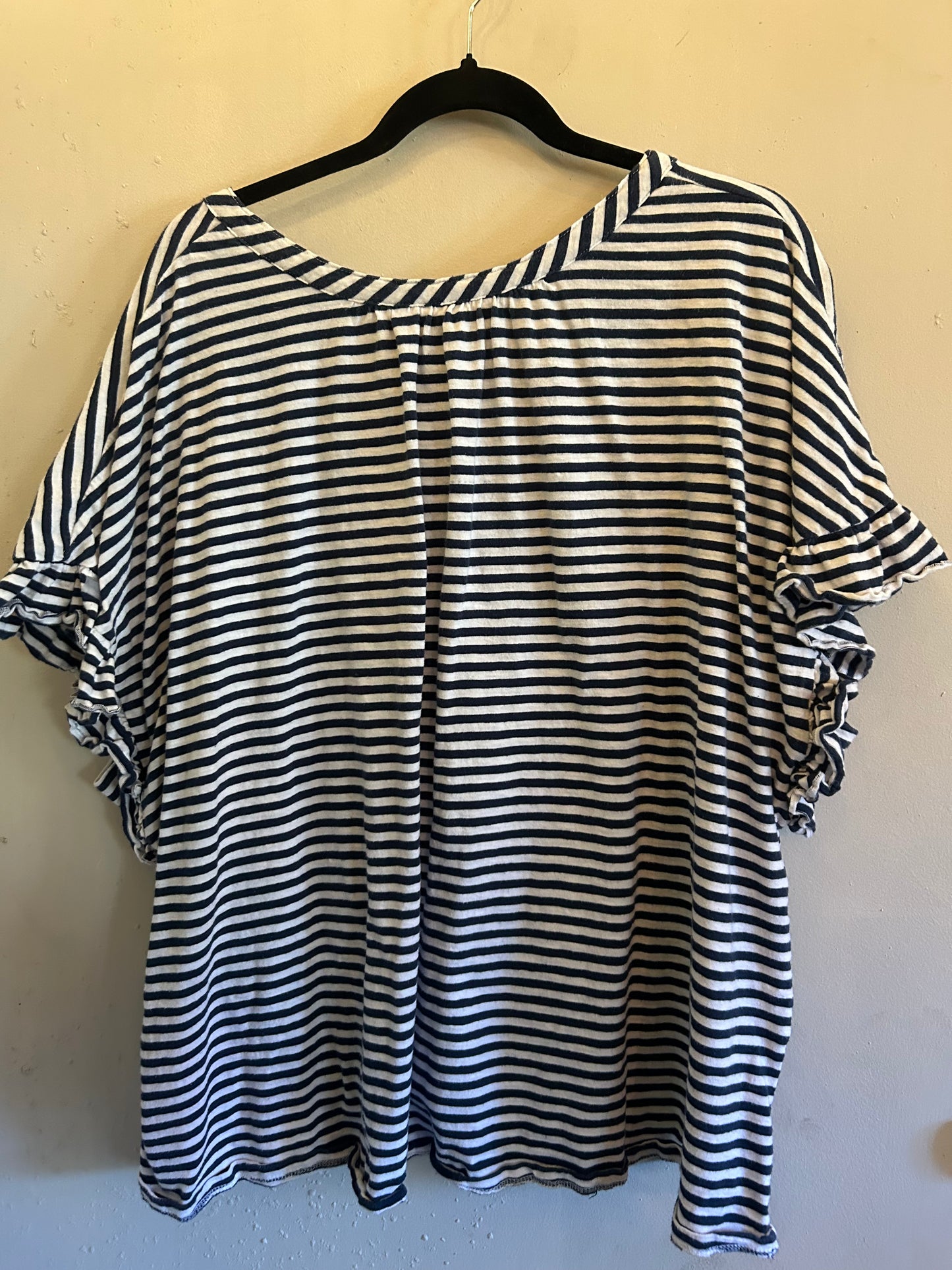 Terra & Sky Blue white stripe ruffle v neck