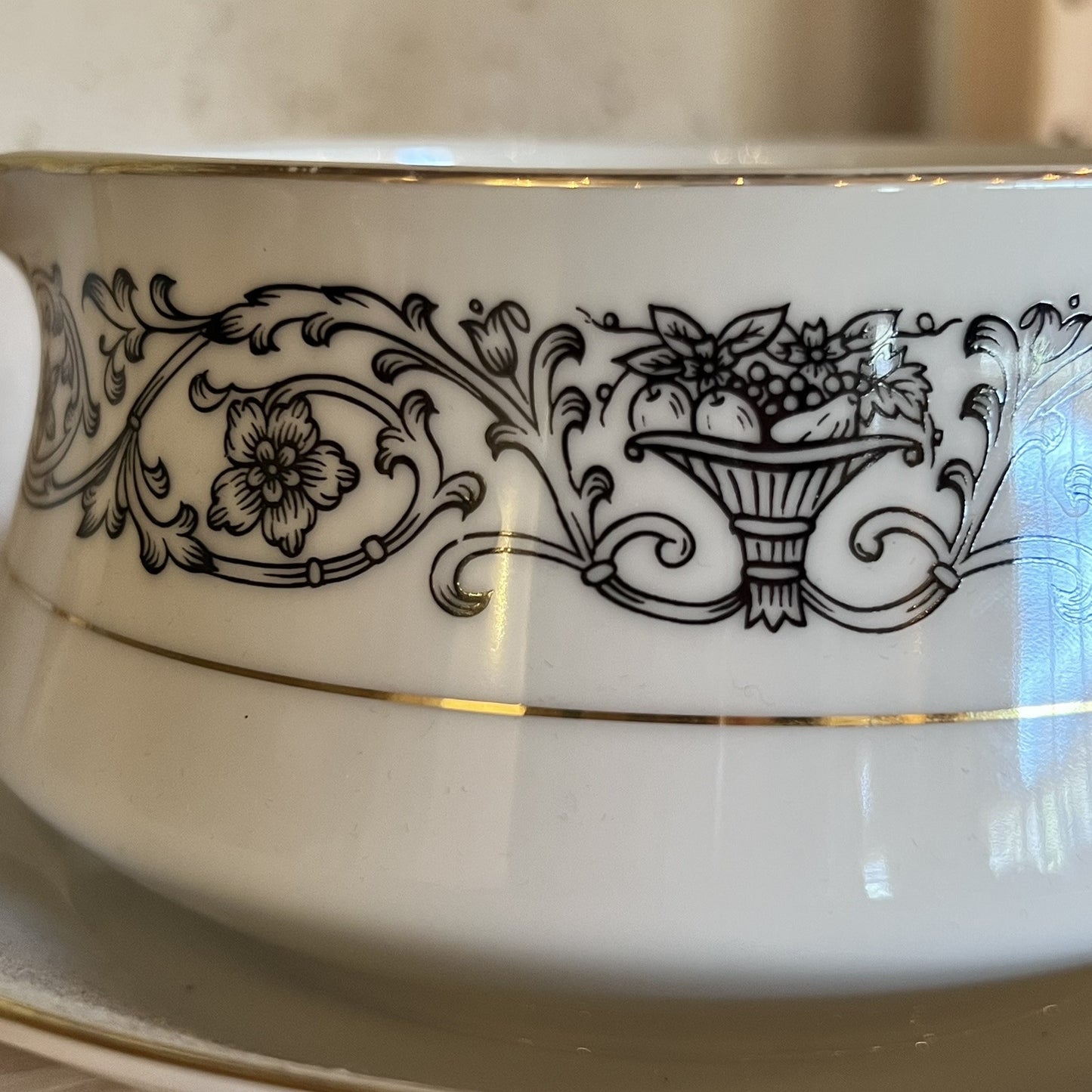 Coventry Fine China “Laurent” 653 Gravy Bowl Attached Plate Black Gold Accent