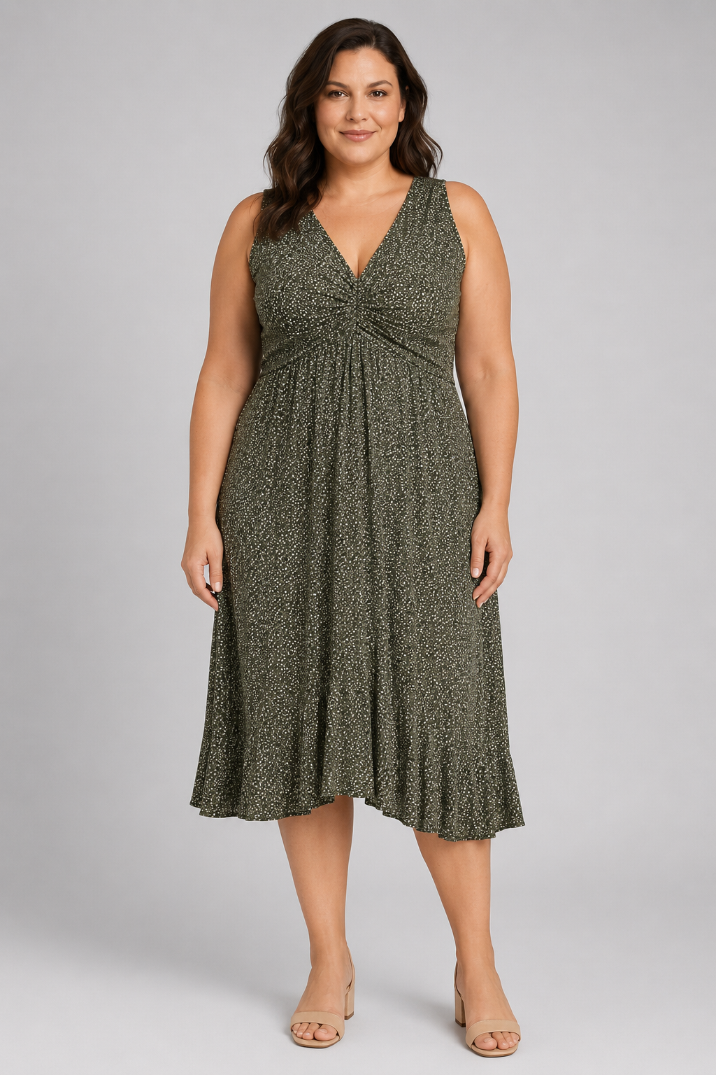 Amazon Essentials Green White Black Speckled Sleeveless Cross Front Mini Dress