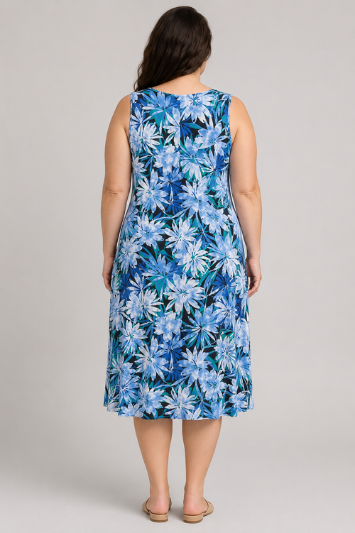 Catherines Blue Hawaiian Style Bunch Front Dress