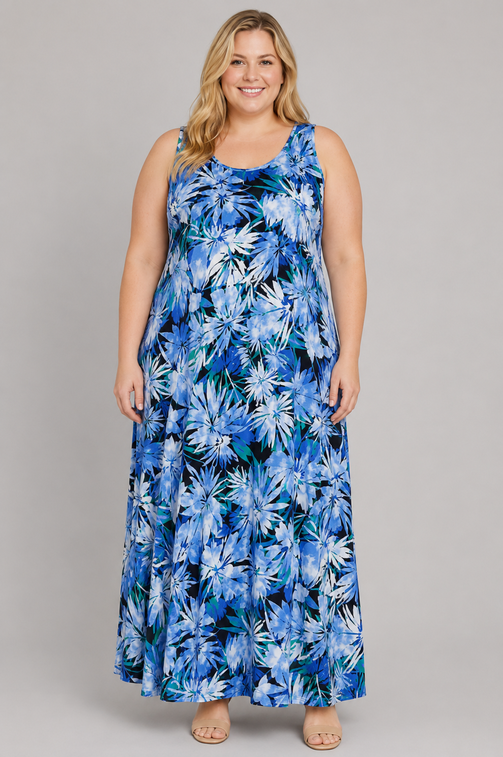 Catherines Blue Hawaiian Style Bunch Front Dress