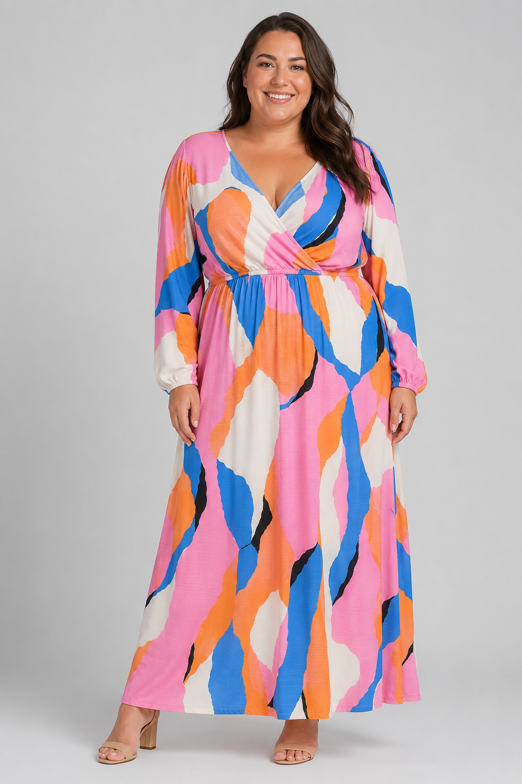 Ava & Viv Multicolor Patterned Cross Front Long Sleeve Midi Dress