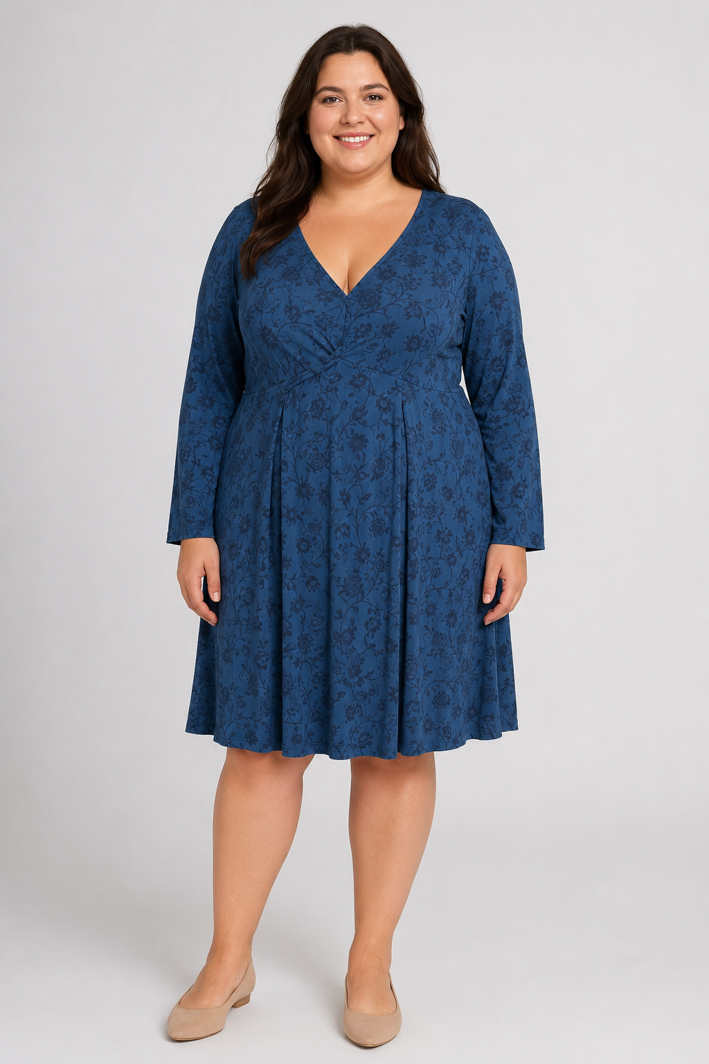Torrid Blue Floral Patttern V-neck Pullover Long Sleeve Dress