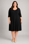 Premise Dresses Black Scoop Neck 3/4 Sleeve Midi Dress