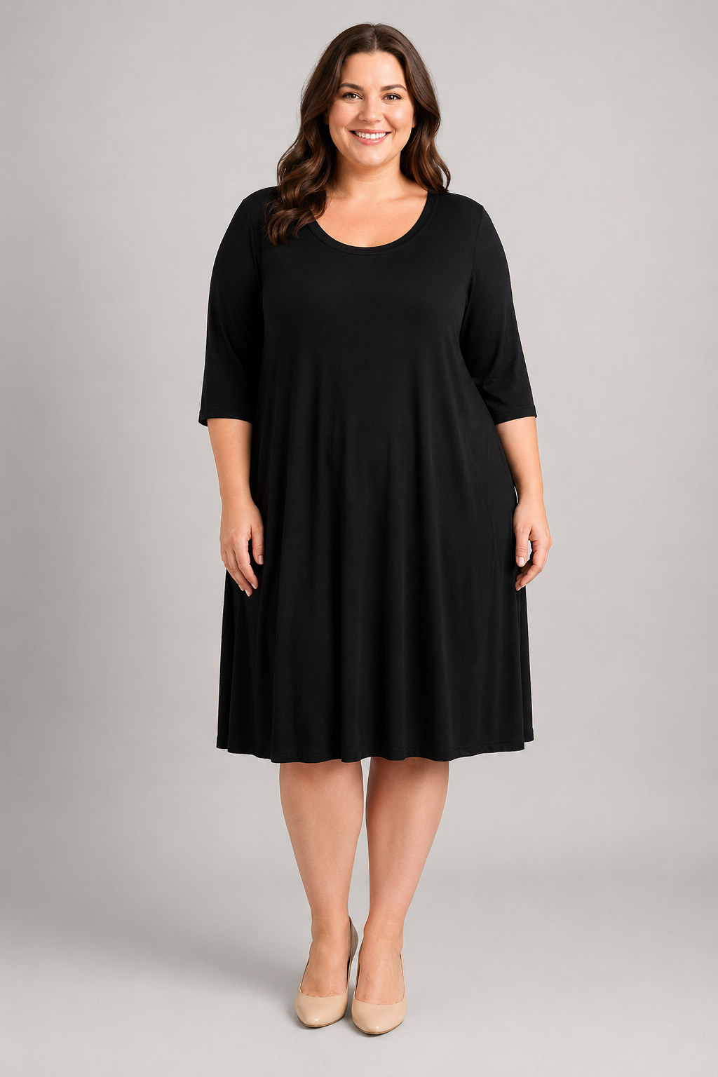 Premise Dresses Black Scoop Neck 3/4 Sleeve Midi Dress