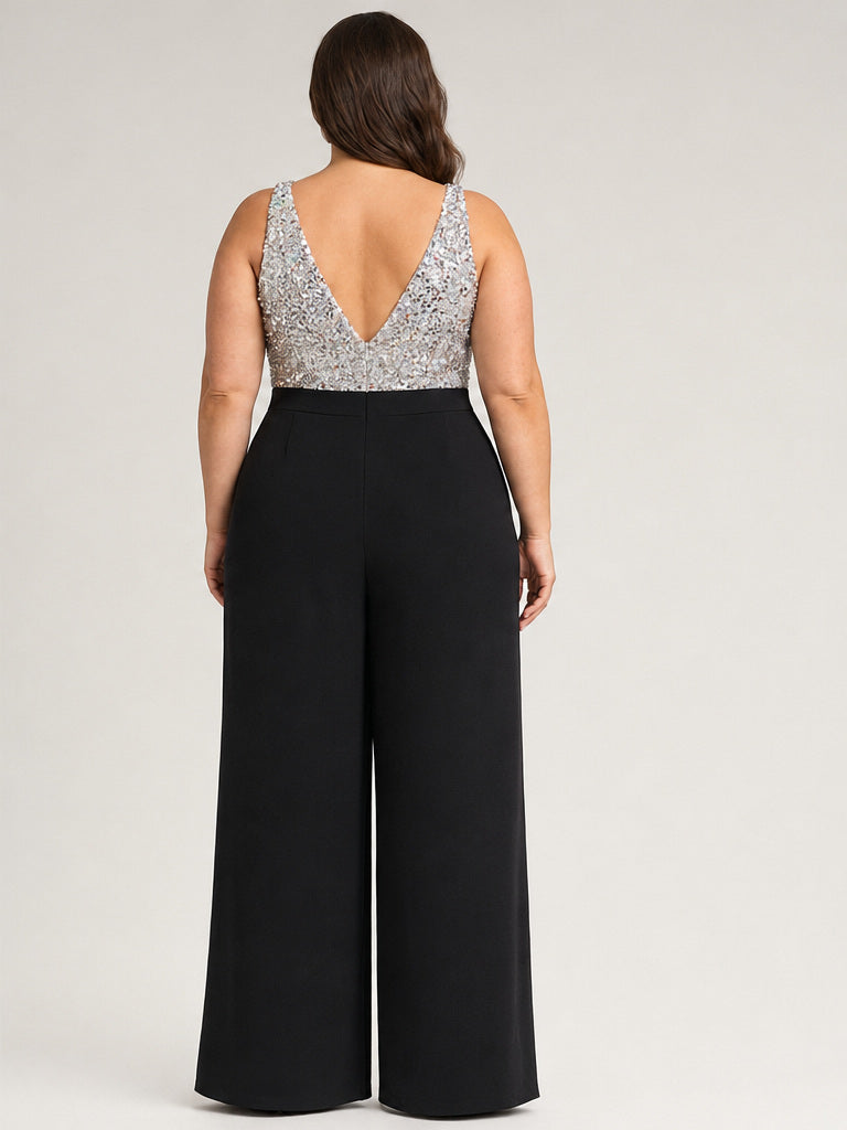 Unbranded Black And Silver Sequin V-Neck Top Jumpsuit