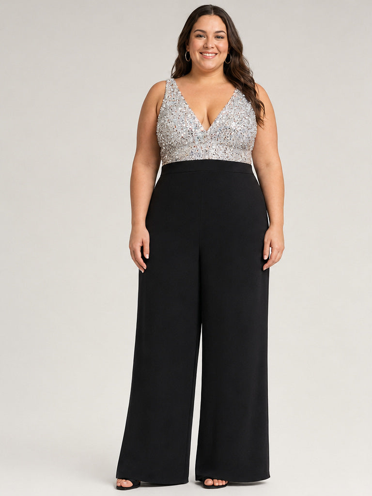 Unbranded Black And Silver Sequin V-Neck Top Jumpsuit