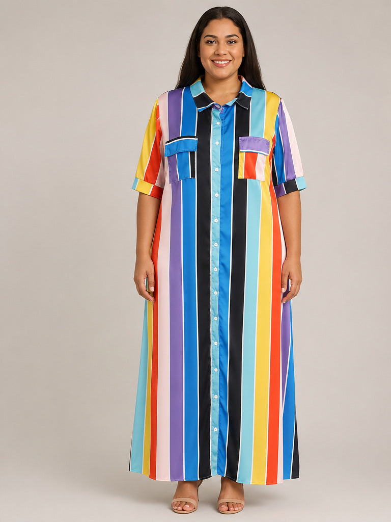 - Rainbow Stripped Button Up Maxi Dress