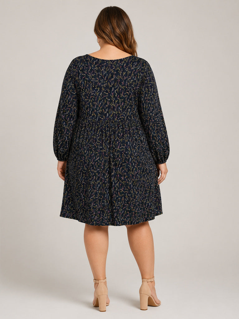 Ava & Viv Black Deep V Neck Floral Pattern 3/4 Sleeve Dress