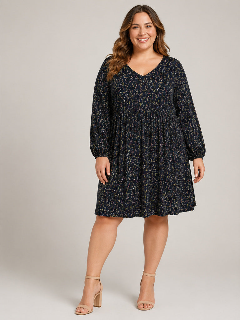 Ava & Viv Black Deep V Neck Floral Pattern 3/4 Sleeve Dress