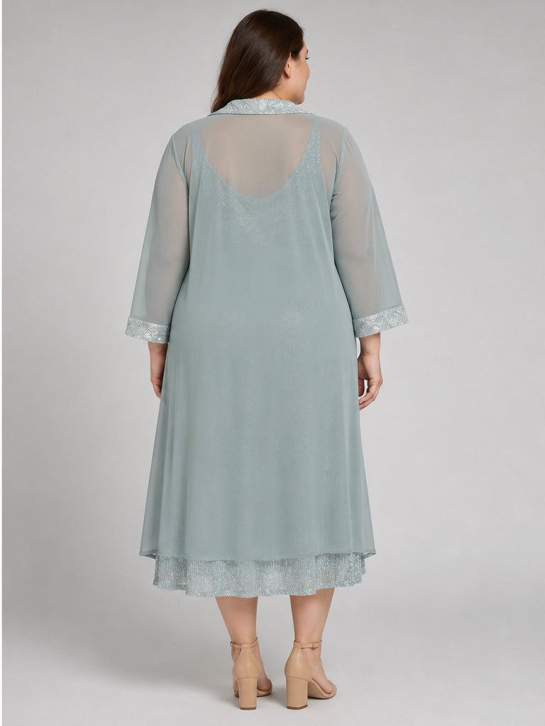 RM Richards 2pc Teal and Silver Shimmer Cover Up and Midi Dress