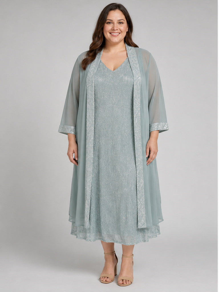 RM Richards 2pc Teal and Silver Shimmer Cover Up and Midi Dress