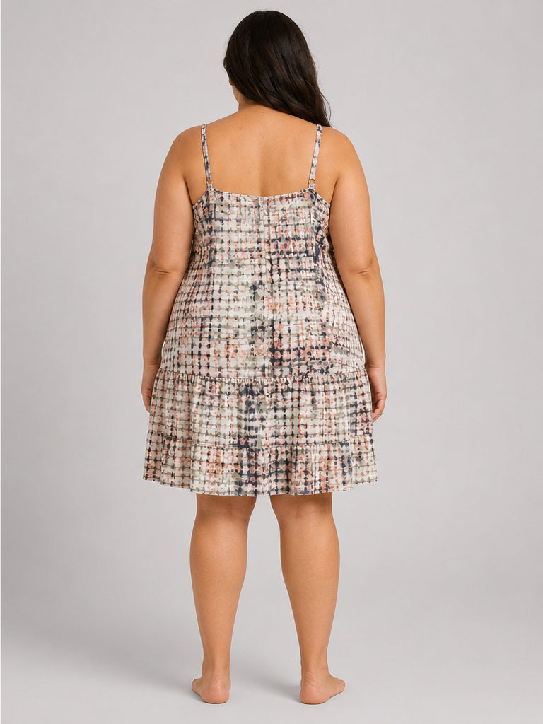City Chic Tan Patterned with Green Strappie Deep V Dress