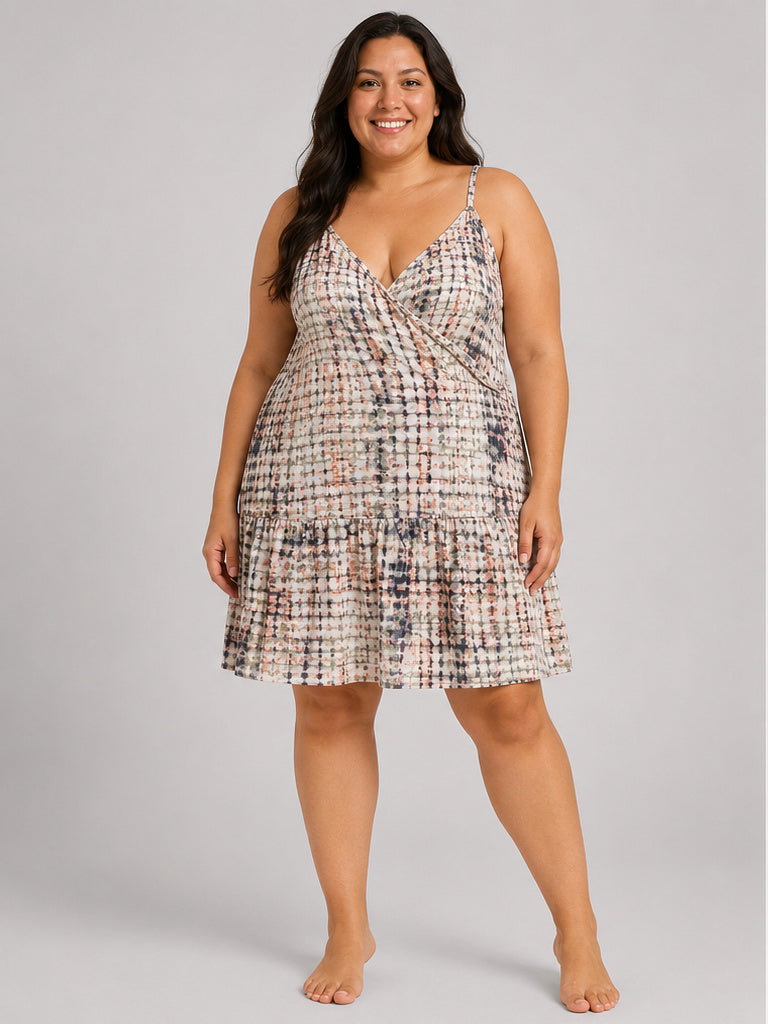 City Chic Tan Patterned with Green Strappie Deep V Dress