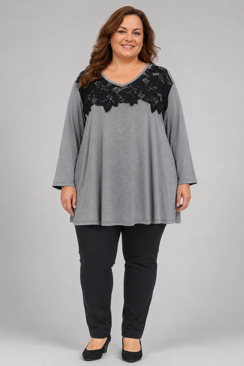 Catherines NWT Black/White Striped with Lace 3/4 Lenght Shirt