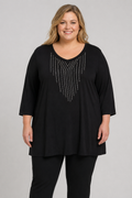 - Black Silver Beaded Deep Scoop Neck  Blouse