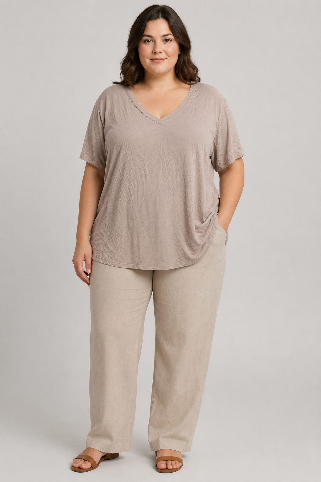 NWT Niashot Brown Wide V-neck Plain Blouse