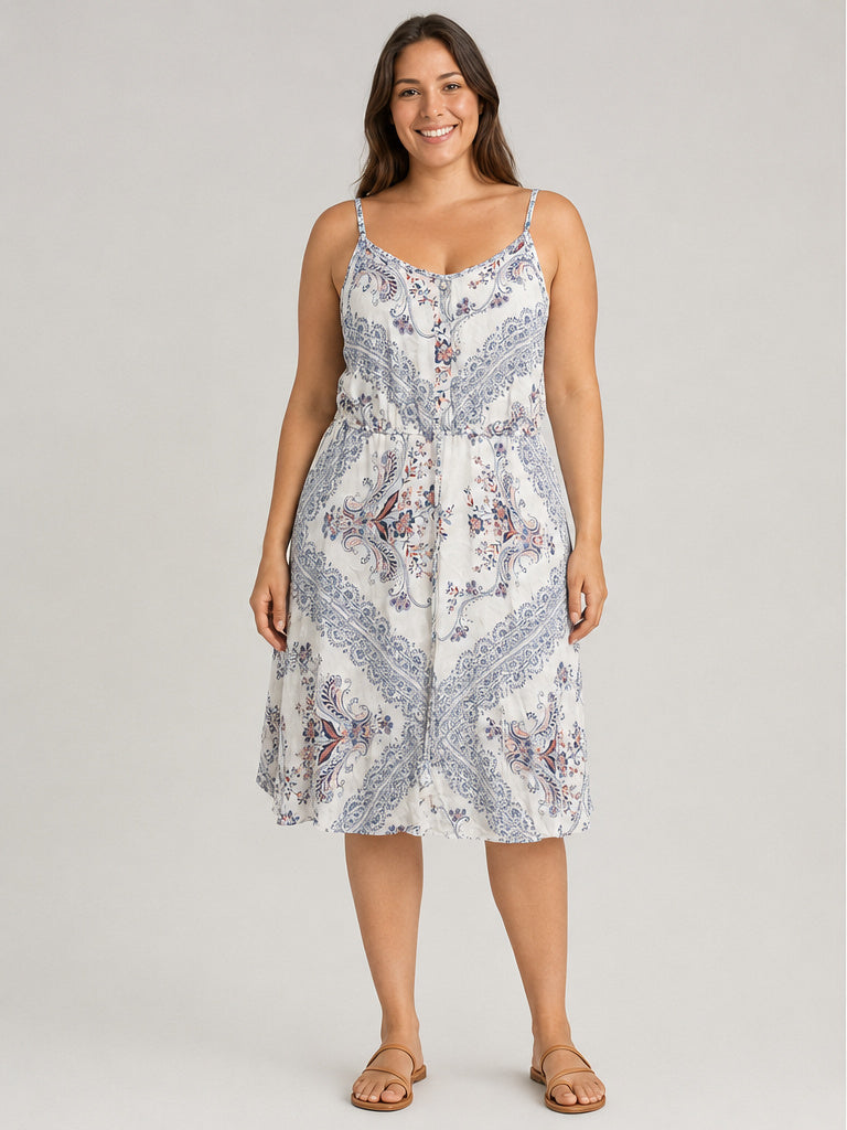 NWT Knox Rose White Floral & Geo Pattern Strappie Mid Length Dress