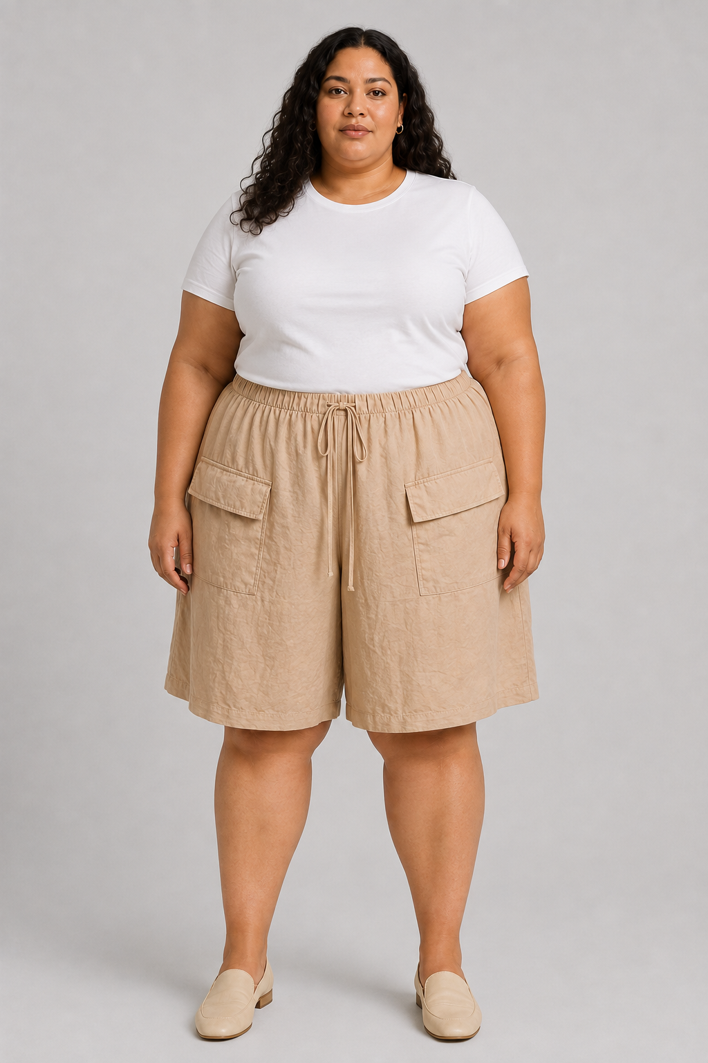 - Tan 2 Pocket Flowing Drawstring Shorts