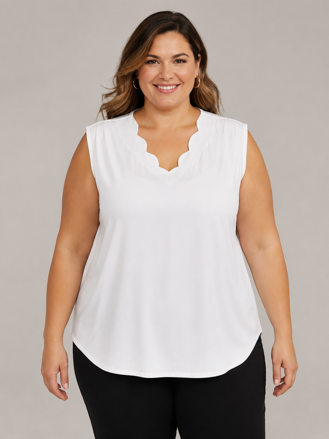 - White Scalloped Neck Sleeveless Blouse