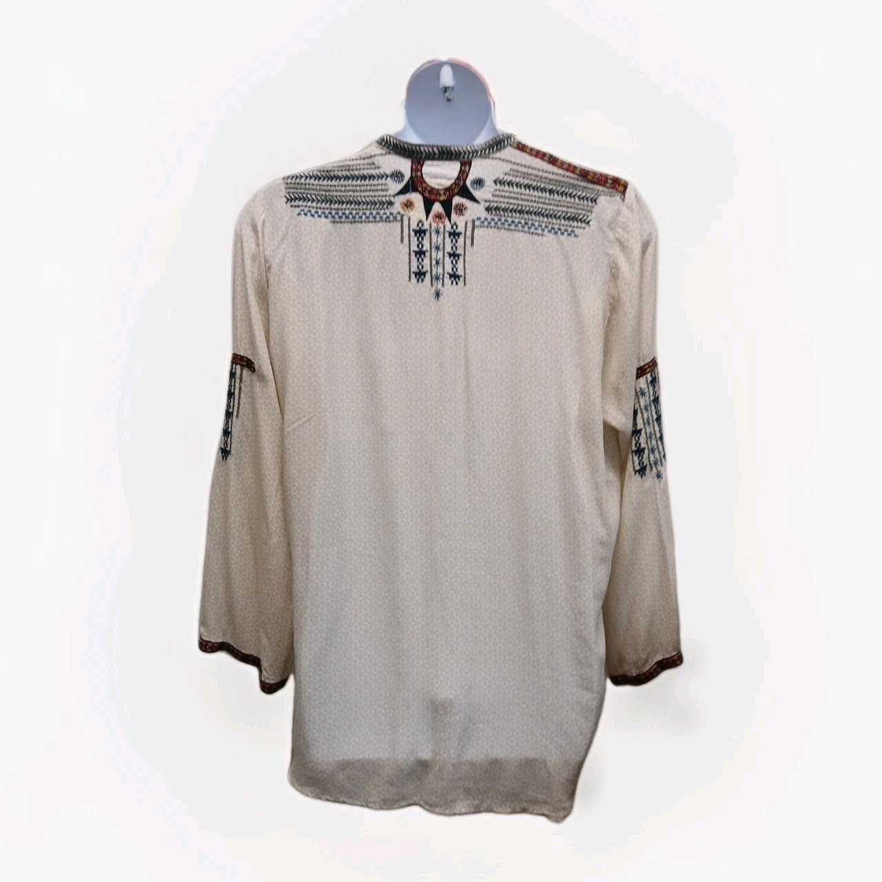 Johnny Was XL Biya Tan Embroidered 3/4 Button Pullover Blouse