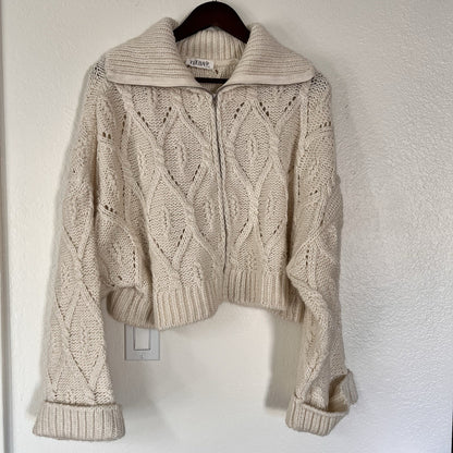 Large Crop Chunky Cable Knit Wool Blend Full Zip Womens Sweater Cream Fisherman