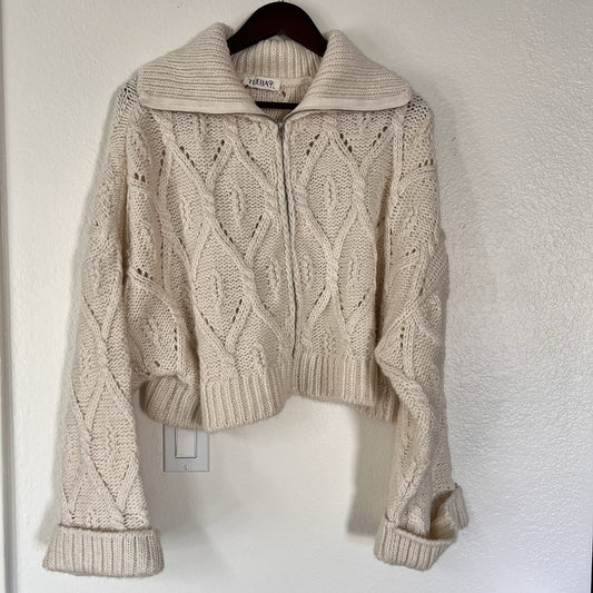 Large Crop Chunky Cable Knit Wool Blend Full Zip Womens Sweater Cream Fisherman
