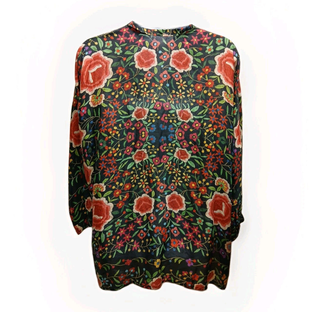 Johnny Was XL Silk Floral Pattern Button Up Collared Blouse