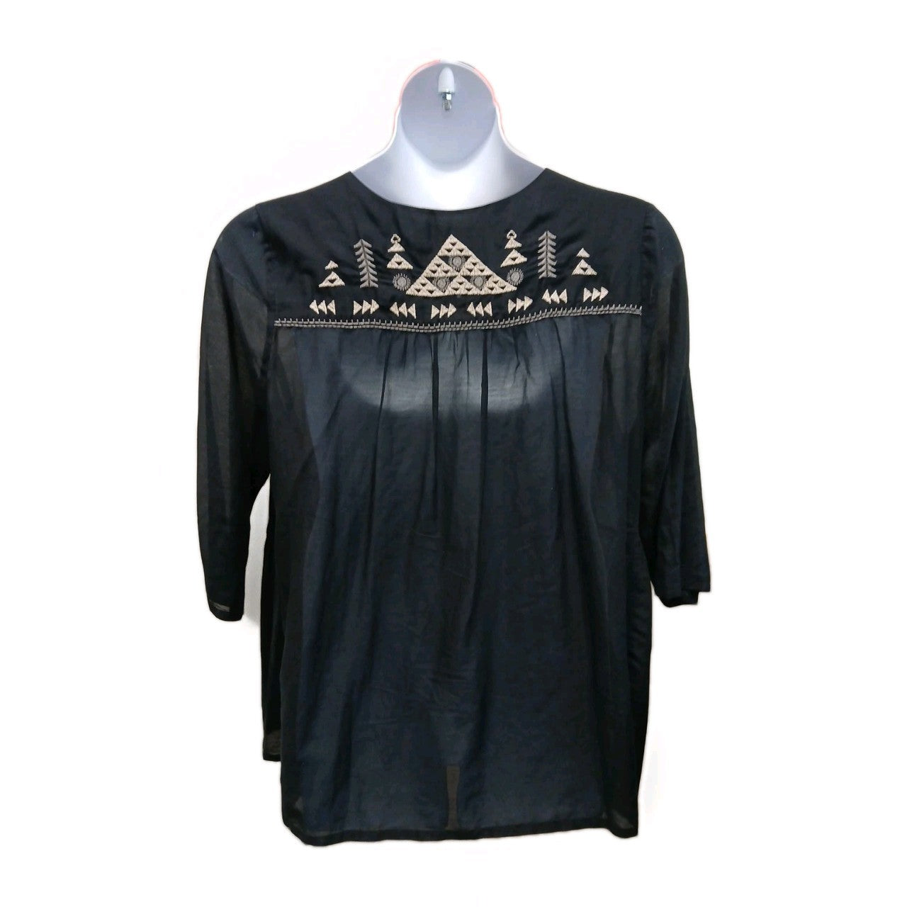 Johnny Was 3X Black Embroidered Silk Blend Sheer Blouse