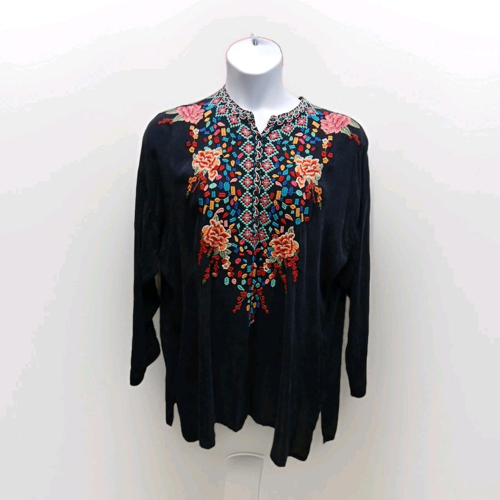Johnny Was XL 1/4 Button Embroidered Sheer Pullover Top