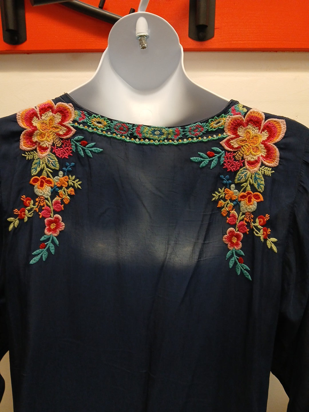 Johnny Was XL V-Neck Embroidered Blue Pullover Sheer Blouse