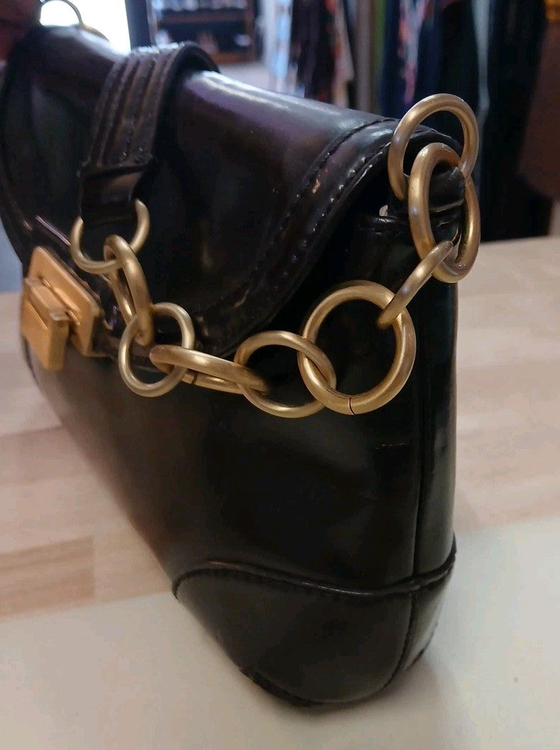 Ann Taylor Dark Dark Brown Faux Leather Shoulder Bag w/ Gold Link Strap