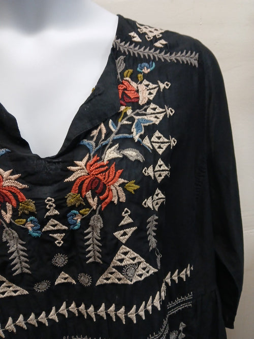 Johnny Was 3X Black Embroidered Silk Blend Sheer Blouse