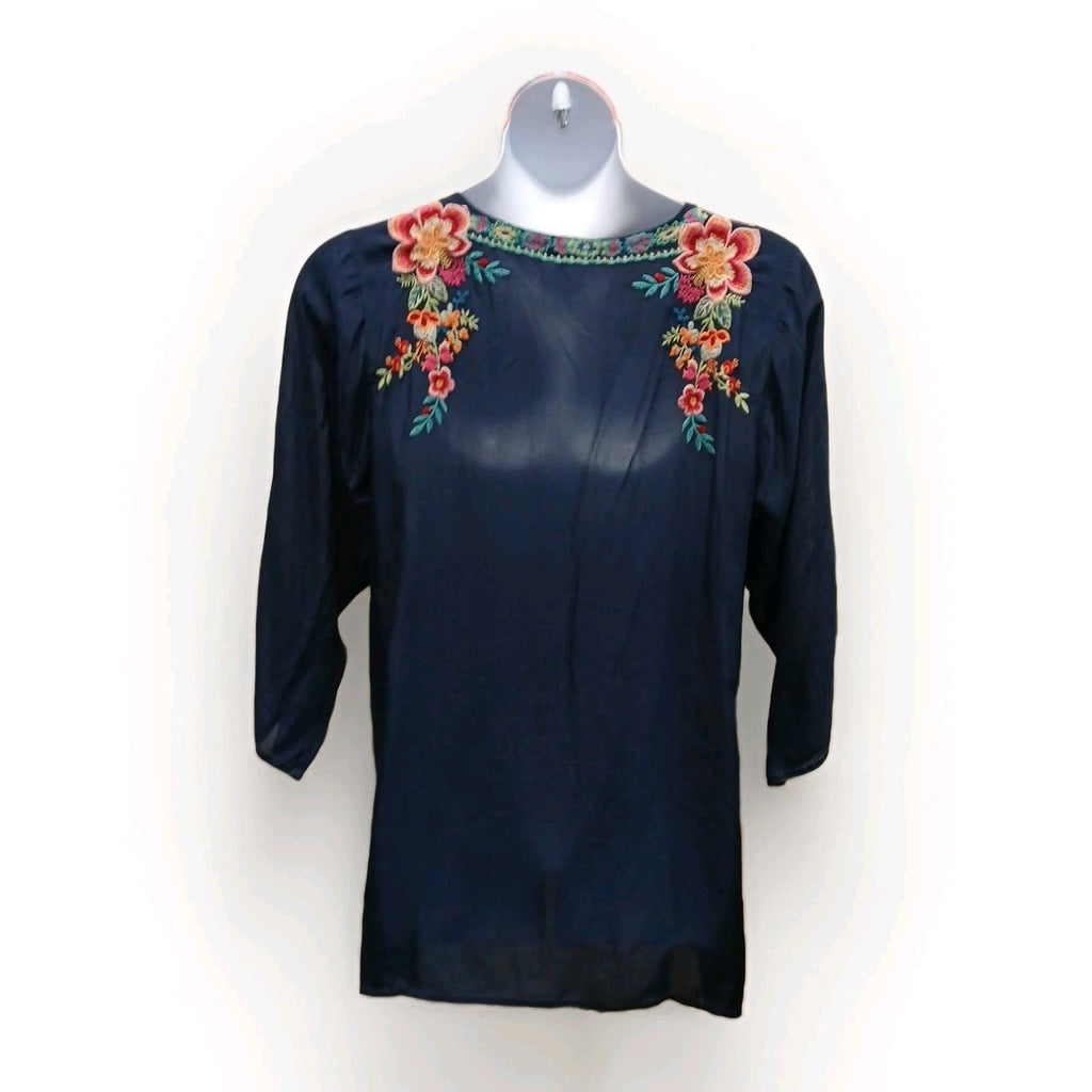 Johnny Was XL V-Neck Embroidered Blue Pullover Sheer Blouse