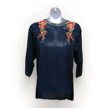 Johnny Was XL V-Neck Embroidered Blue Pullover Sheer Blouse