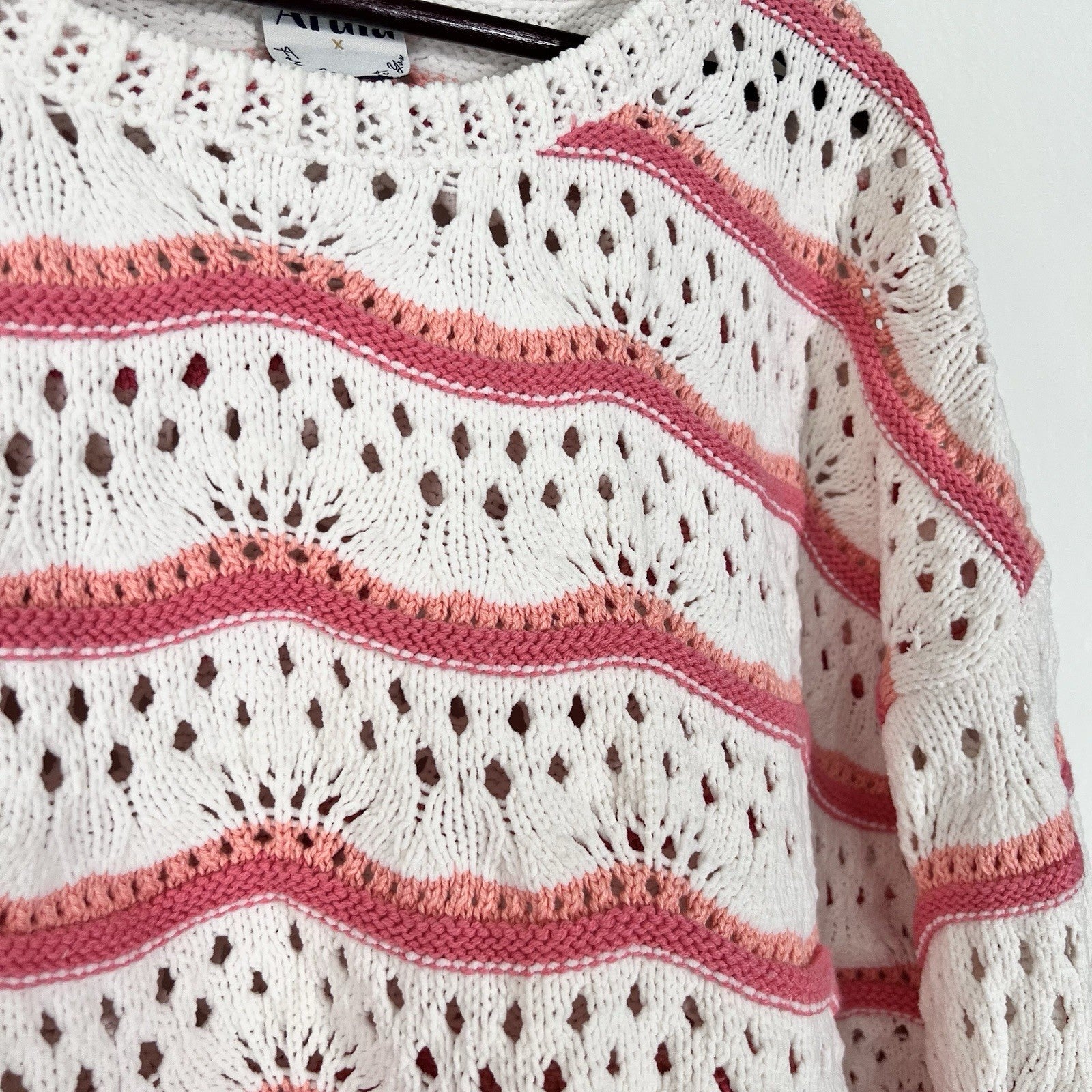 NWOT Arula Crop Open Cable Knit Oversize Stripe Sweater Cream Pink Scallop Girly