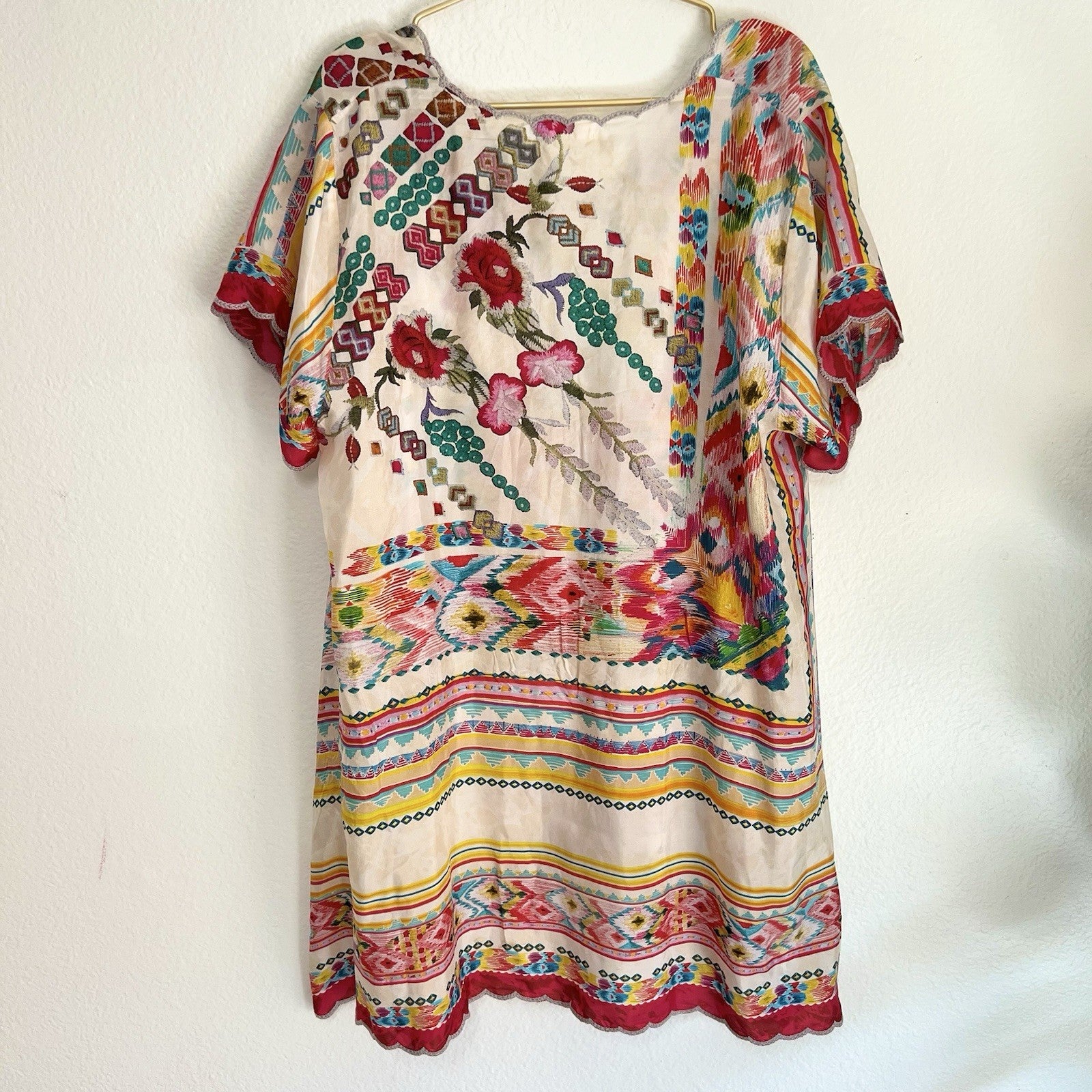 JOHNNY WAS XL Tulum Floral Tunic Top 100% Silk Boho Southwest Relaxed Beachy