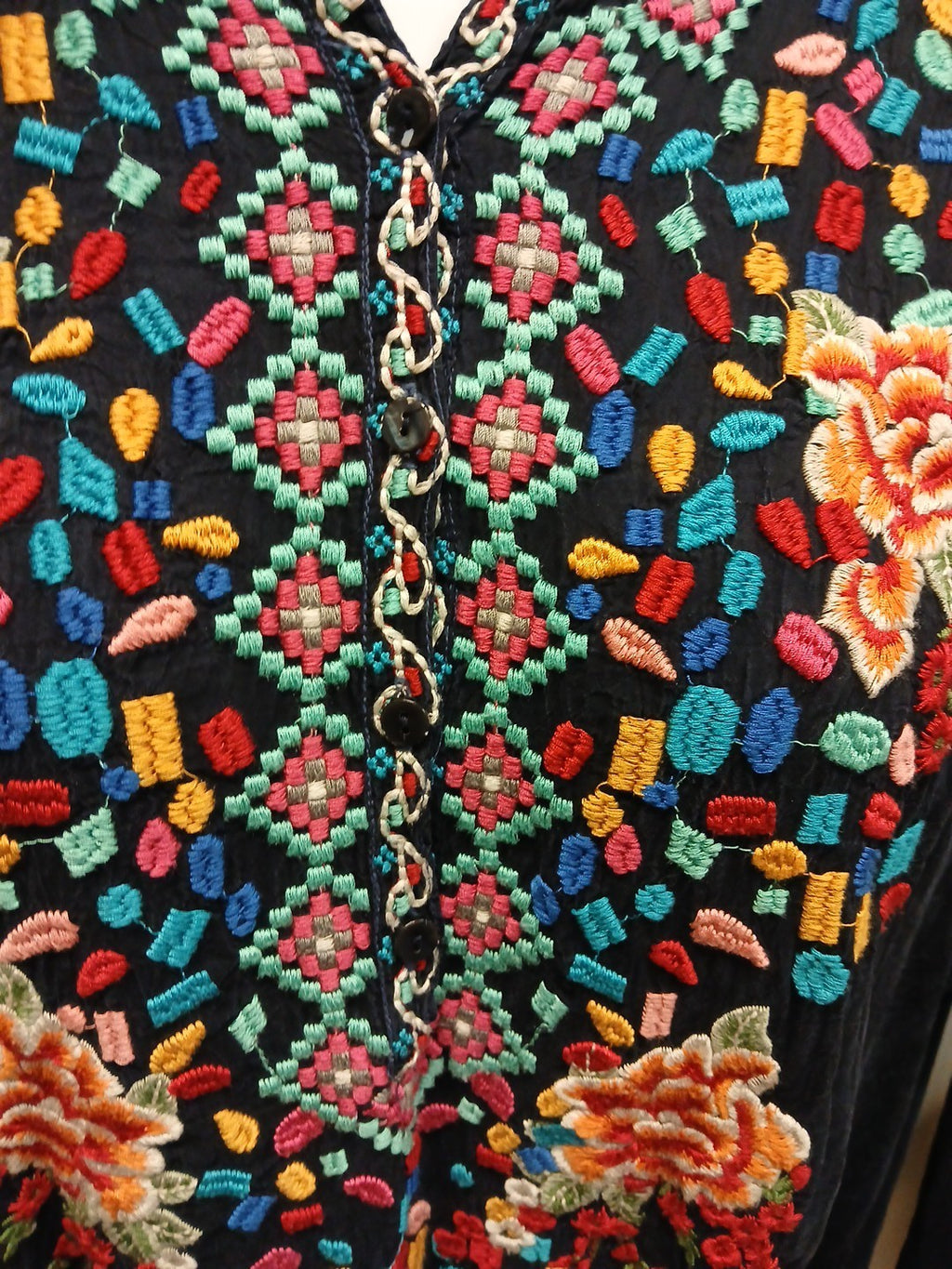 Johnny Was XL 1/4 Button Embroidered Sheer Pullover Top