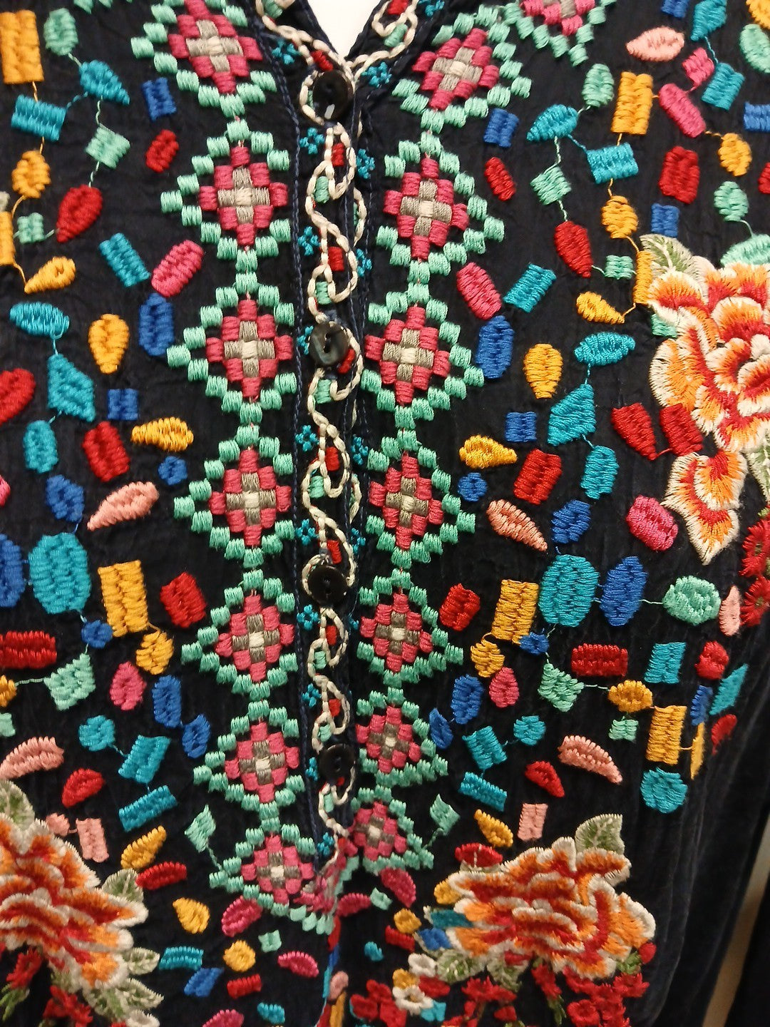 Johnny Was XL 1/4 Button Embroidered Sheer Pullover Top