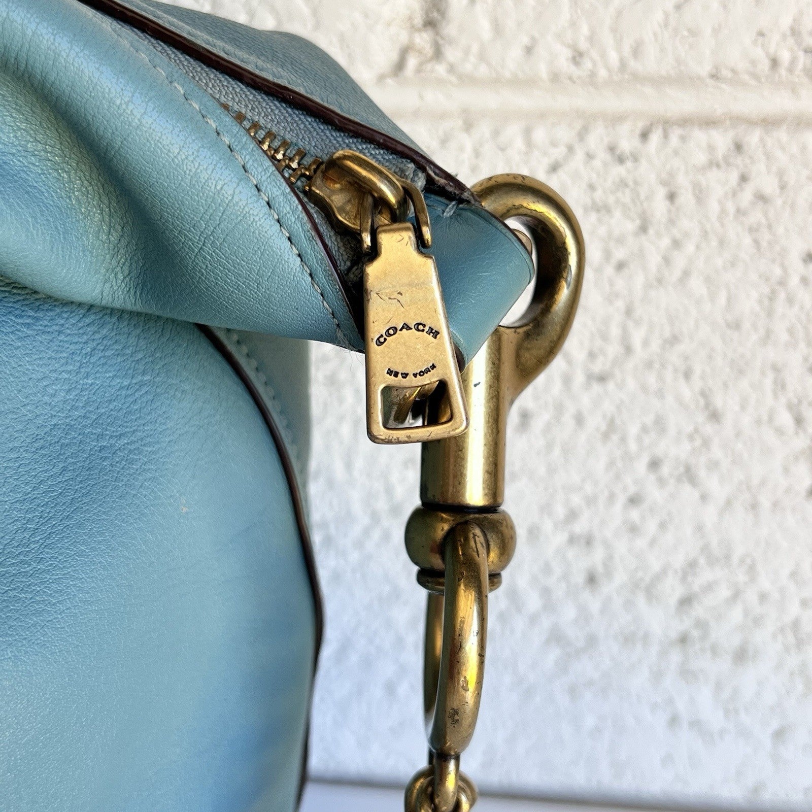Coach 79029 Signature Chain Duffle Purse Teal Brass Glovetanned Leather Hobo Bag