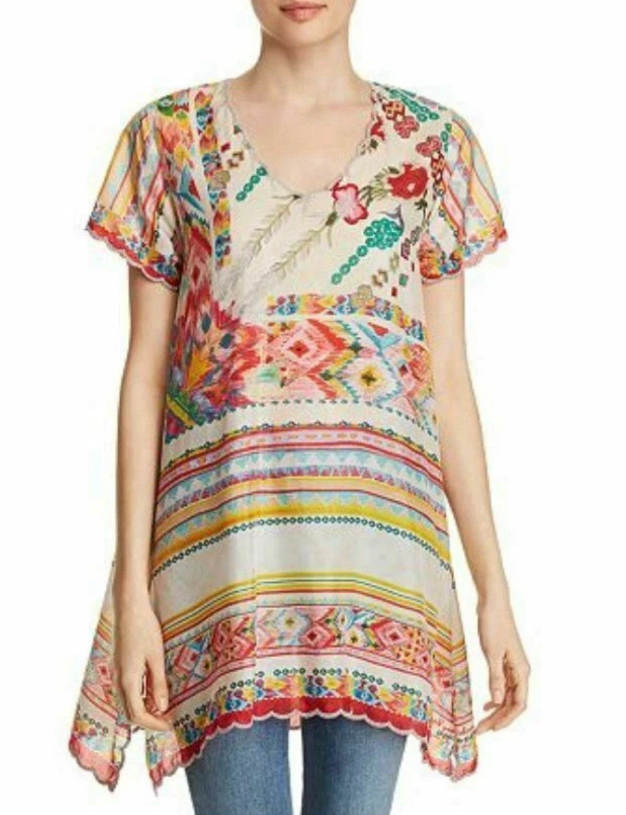 JOHNNY WAS XL Tulum Floral Tunic Top 100% Silk Boho Southwest Relaxed Beachy