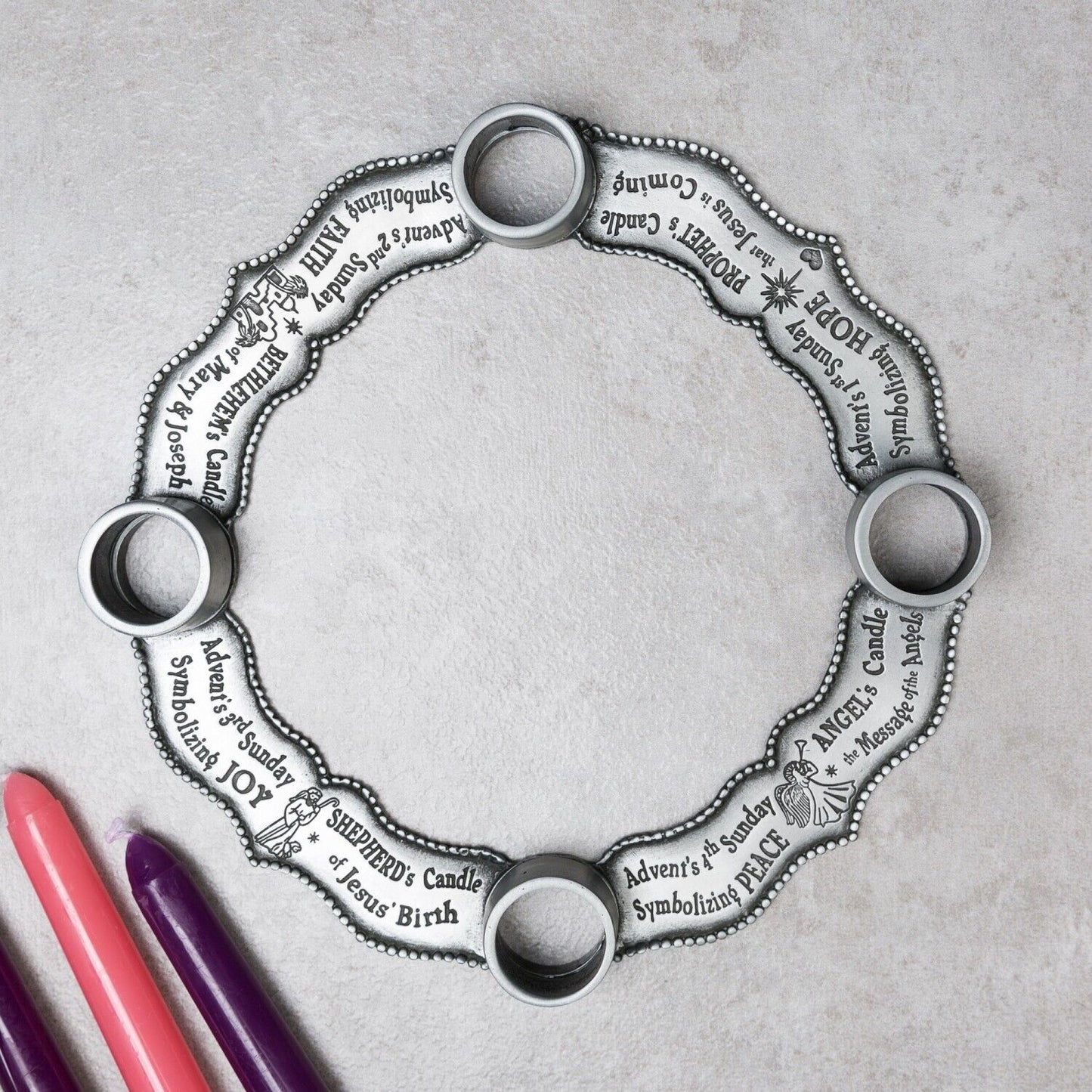 Four Weeks of Advent Classic Pewter Wreath Set Catholic Christmas Candleholder
