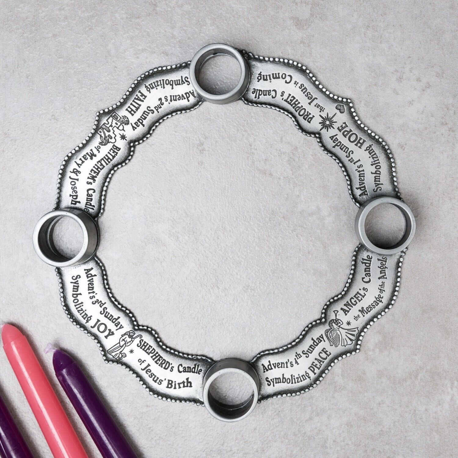 Four Weeks of Advent Classic Pewter Wreath Set Catholic Christmas Candleholder
