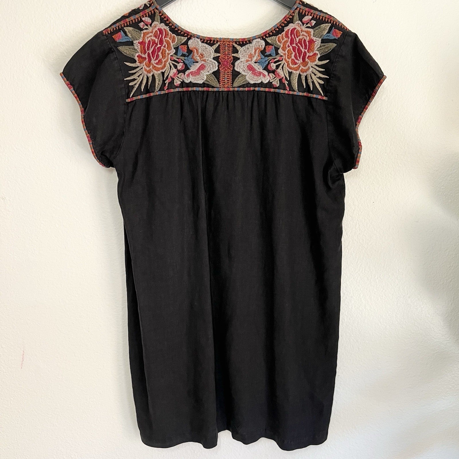 Johnny Was XL Burke 100% Linen Tunic Black Floral Embroidered Dress JWLA Boho
